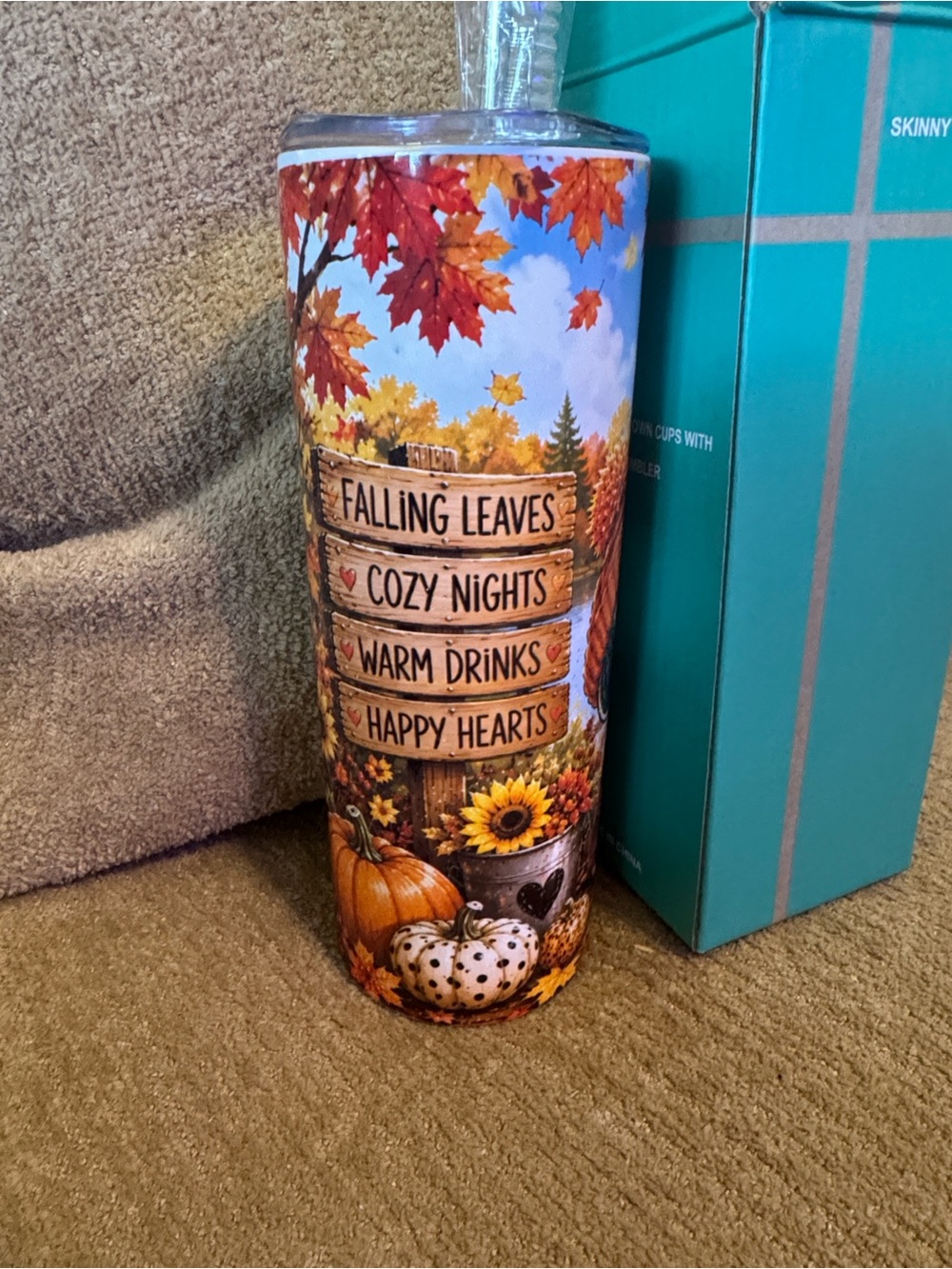 Snoopy Fall Skinny Tumbler - Autumn Leaves Design - Picture 3 of 6